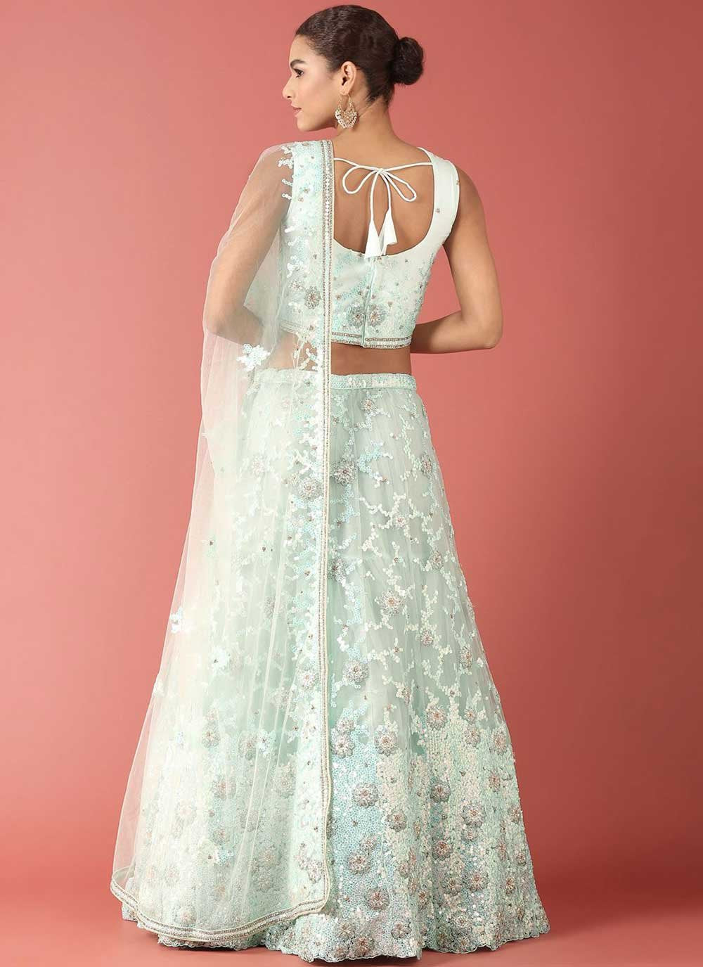 Lehenga Choli Net Sea Green Embroidered Lehenga Choli