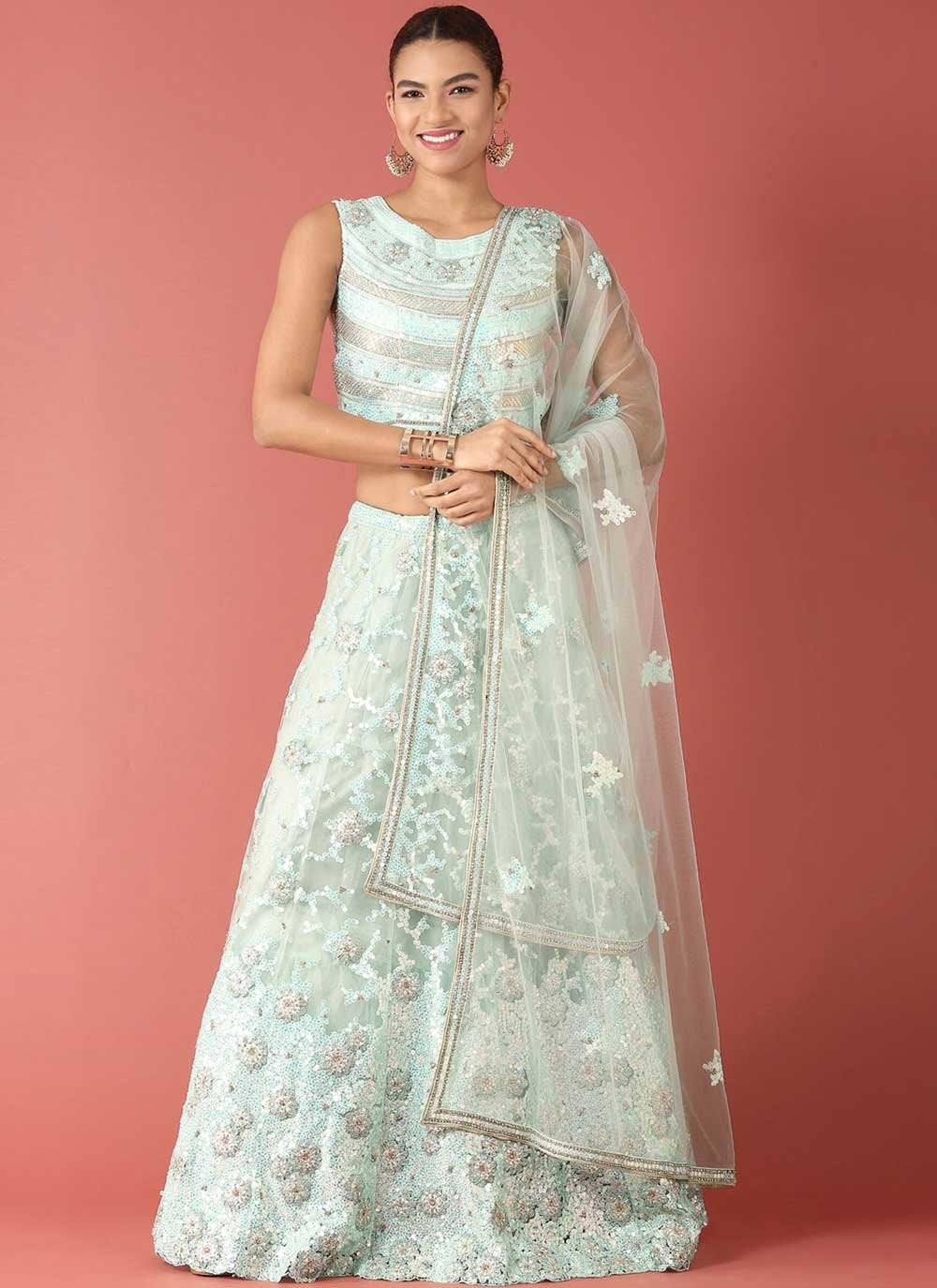 Lehenga Choli Net Sea Green Embroidered Lehenga Choli