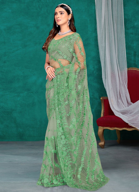 Traditional Saree Net Sea Green Embroidered Saree