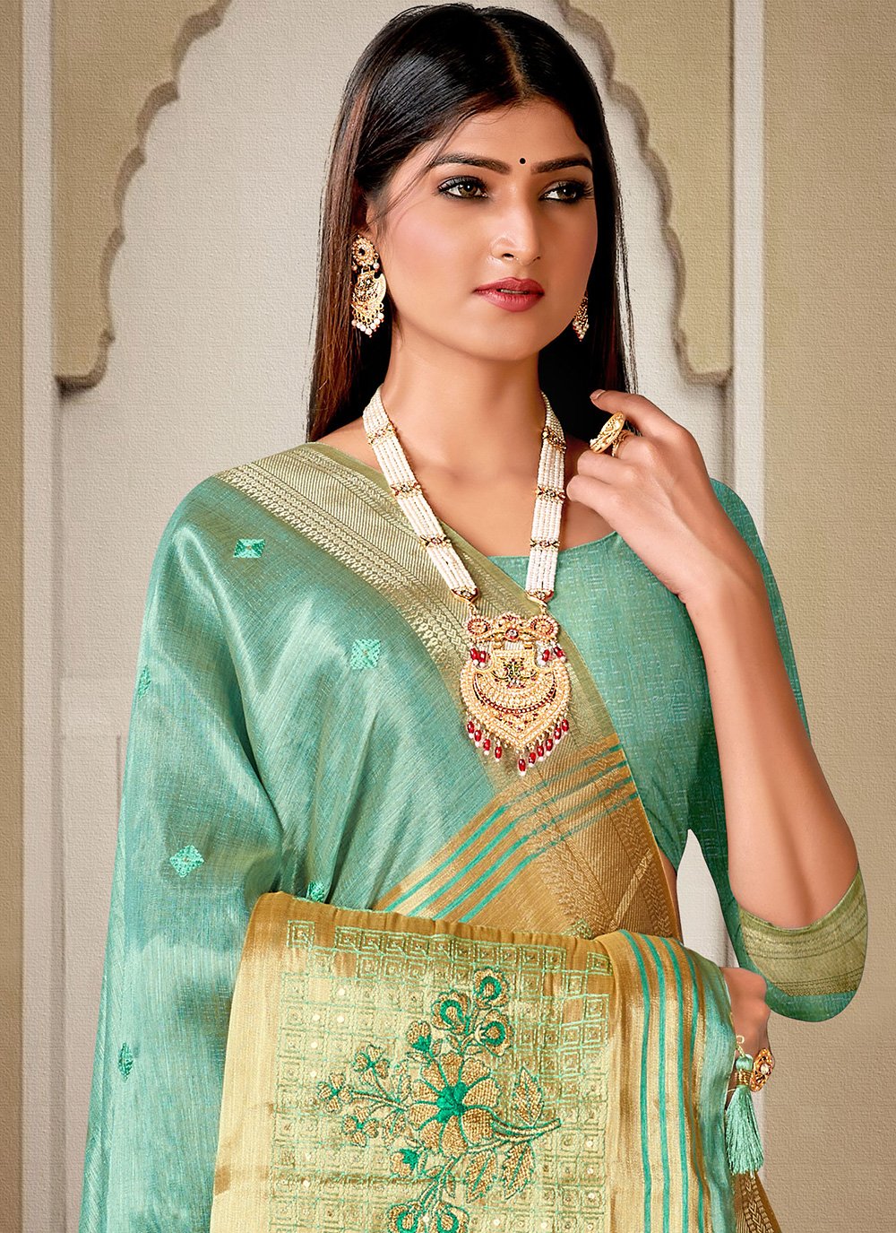 Classic Handloom Silk Sea Green Embroidered Saree