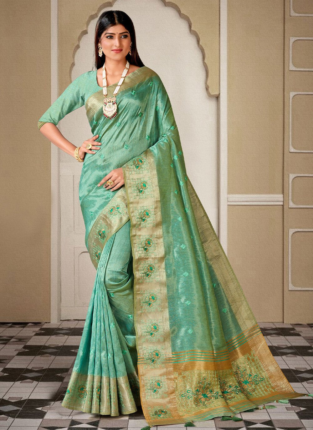 Classic Handloom Silk Sea Green Embroidered Saree