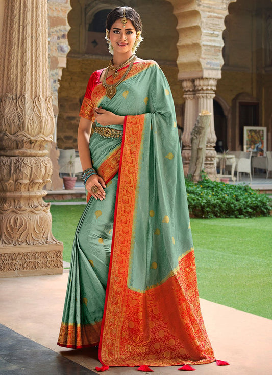 Contemporary Satin Silk Sea Green Patch Border Saree