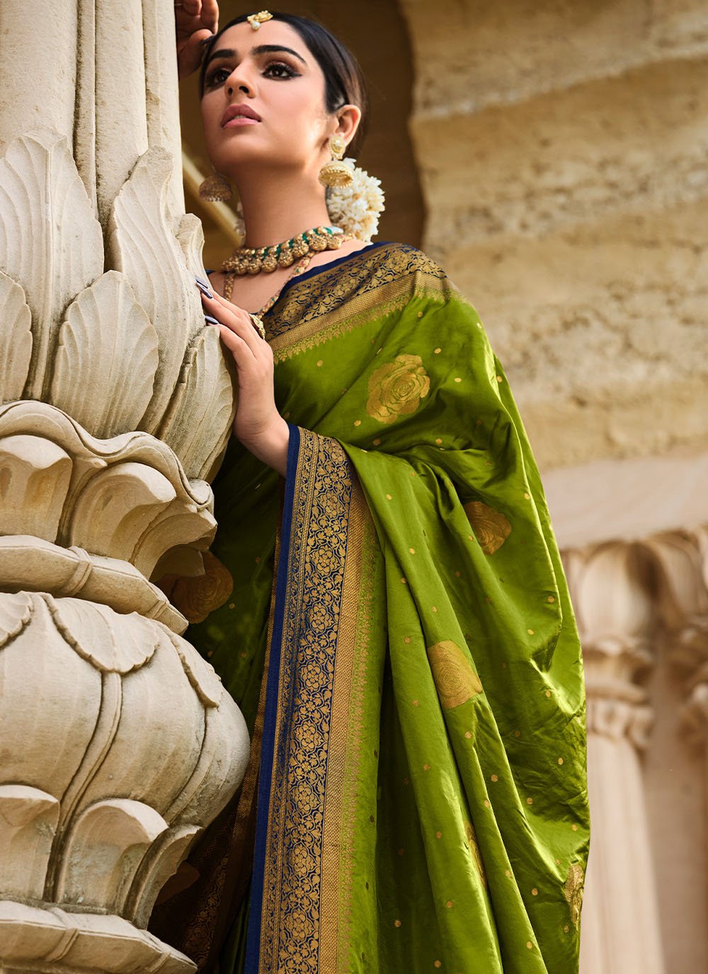 Classic Satin Silk Sea Green Patch Border Saree