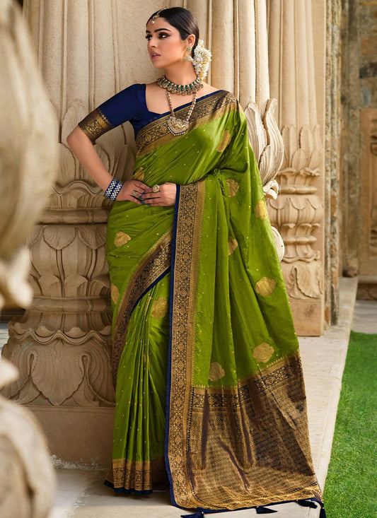 Classic Satin Silk Sea Green Patch Border Saree