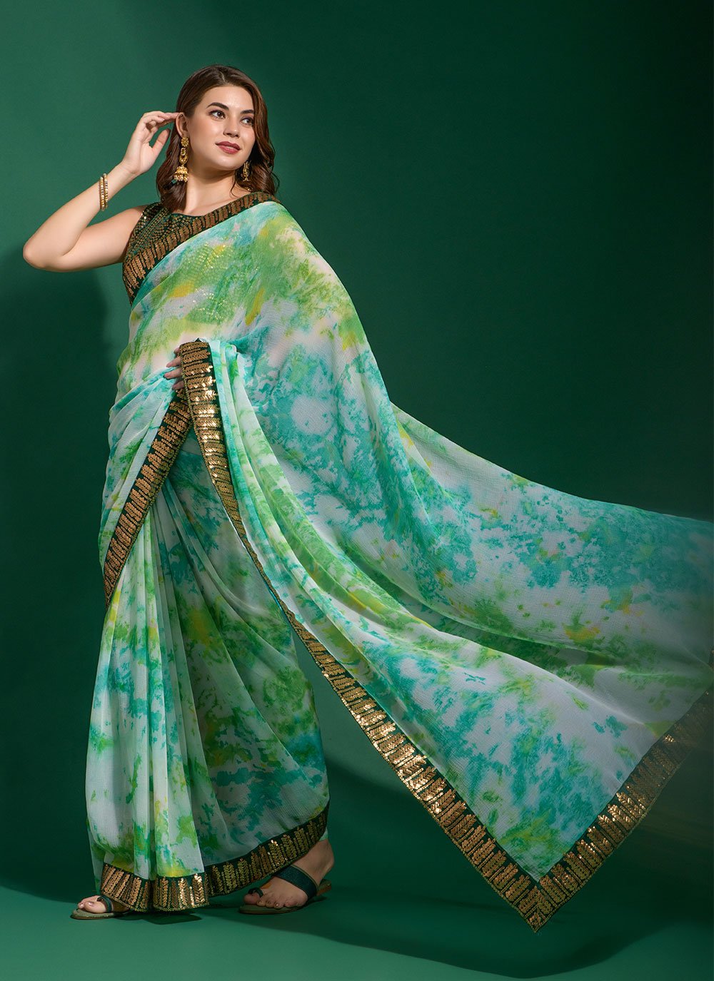 Classic Chiffon Sea Green Patch Border Saree