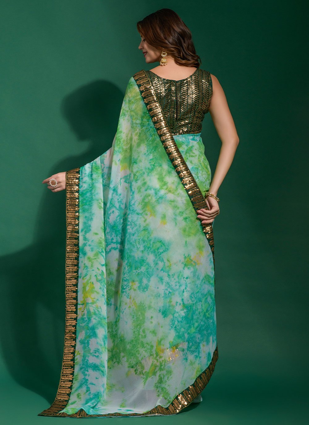 Classic Chiffon Sea Green Patch Border Saree