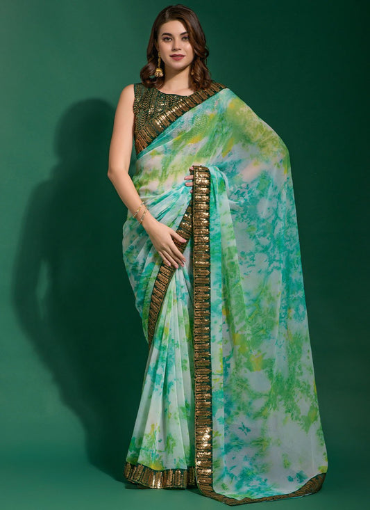 Classic Chiffon Sea Green Patch Border Saree