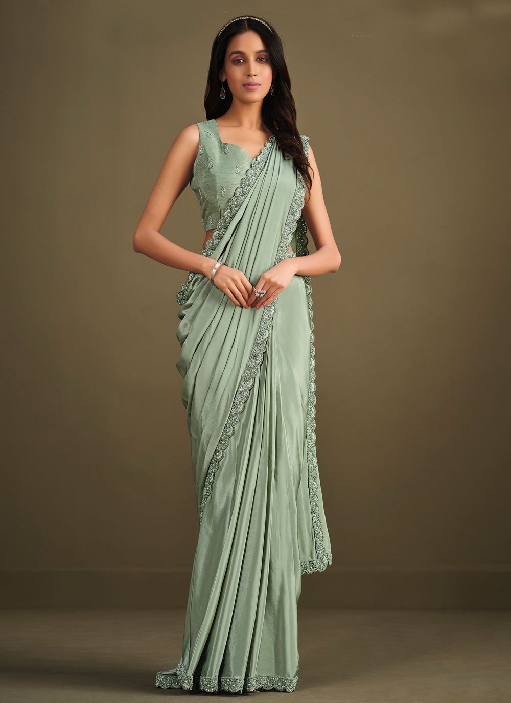 Classic Crepe Silk Sea Green Embroidered Saree