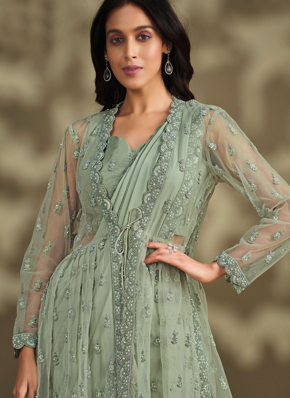 Classic Crepe Silk Sea Green Embroidered Saree