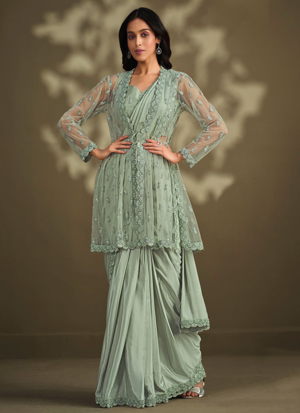 Classic Crepe Silk Sea Green Embroidered Saree