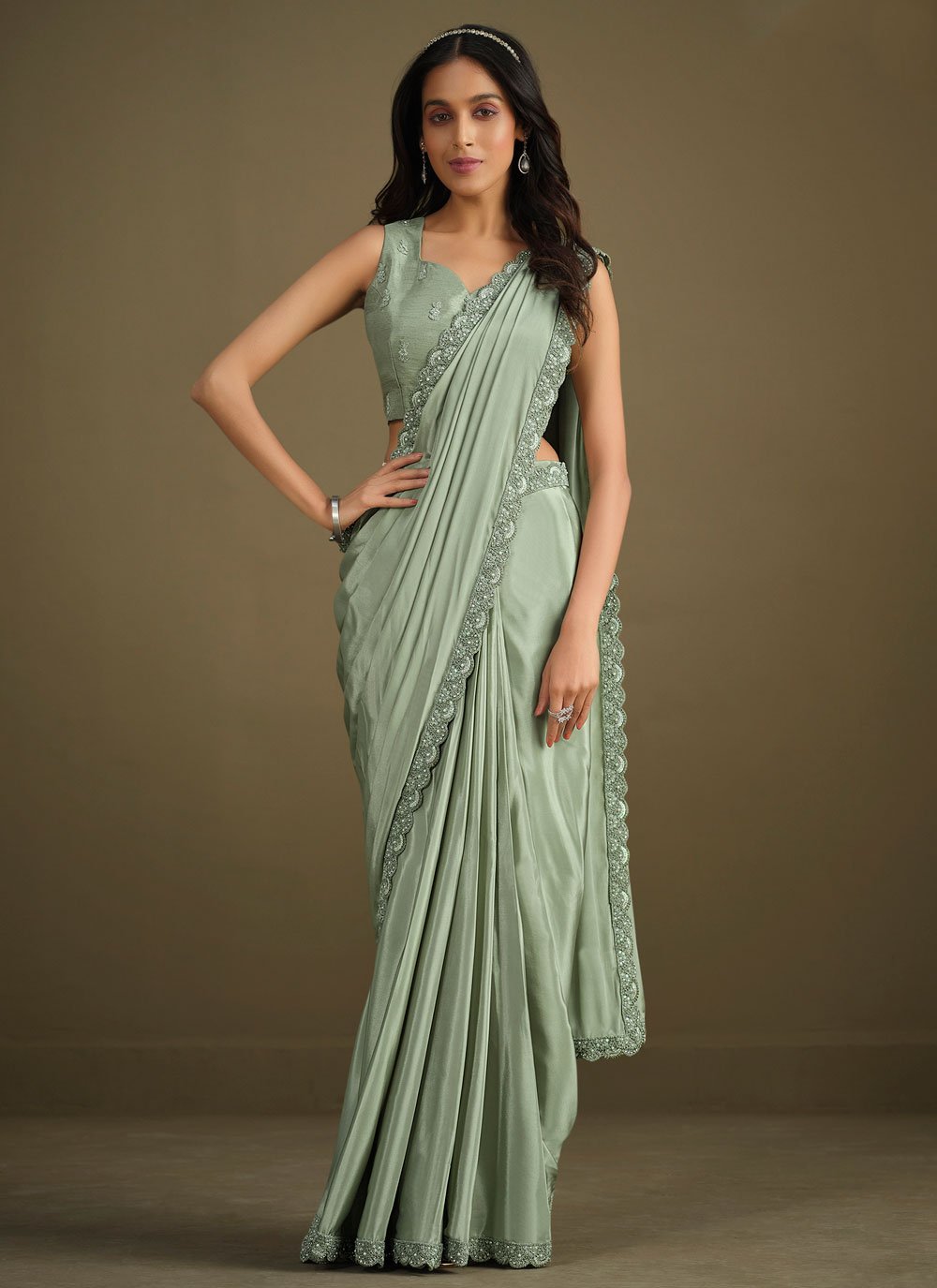 Classic Crepe Silk Sea Green Embroidered Saree