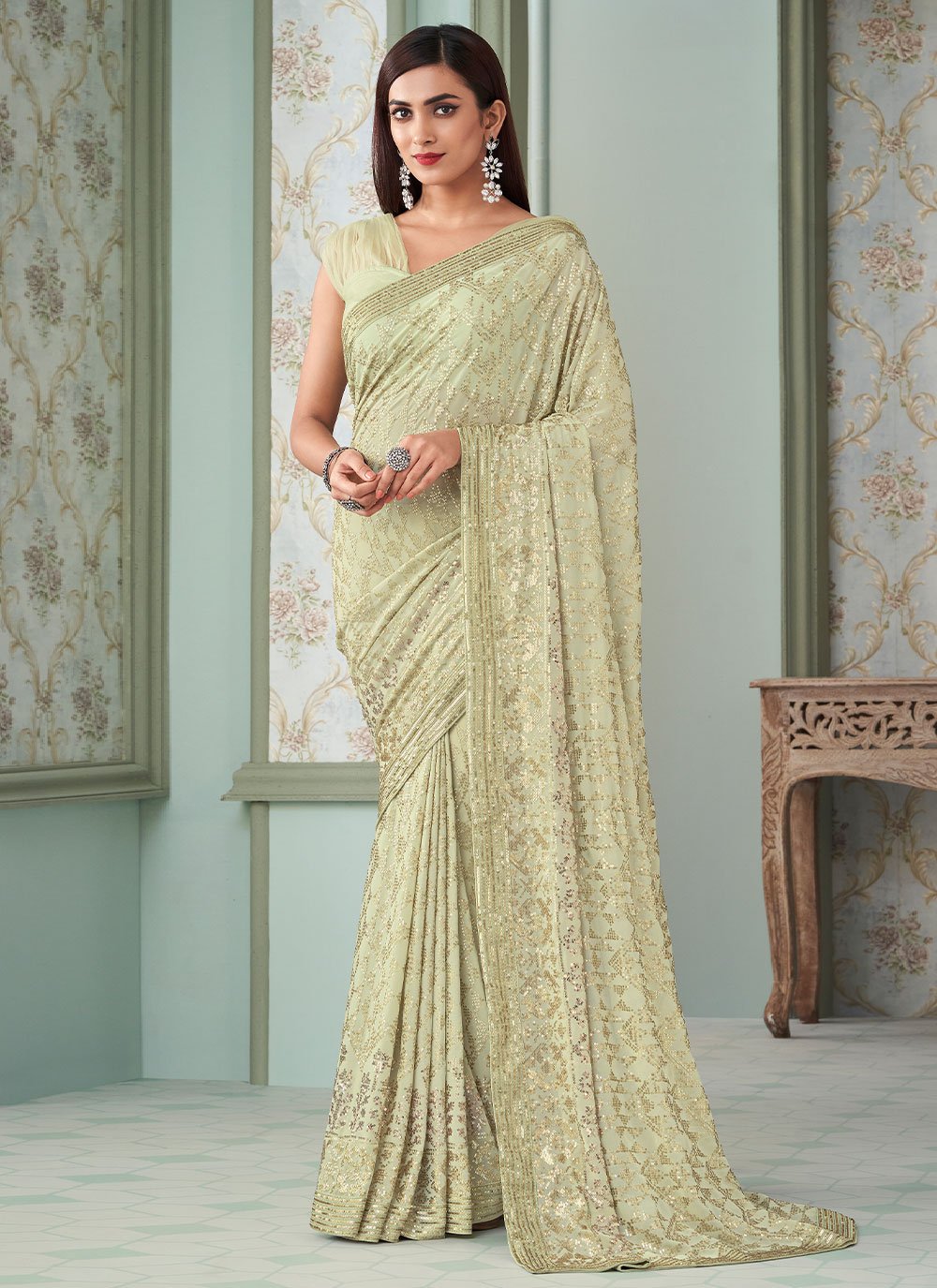 Traditional Saree Georgette Sea Green Sequins Saree