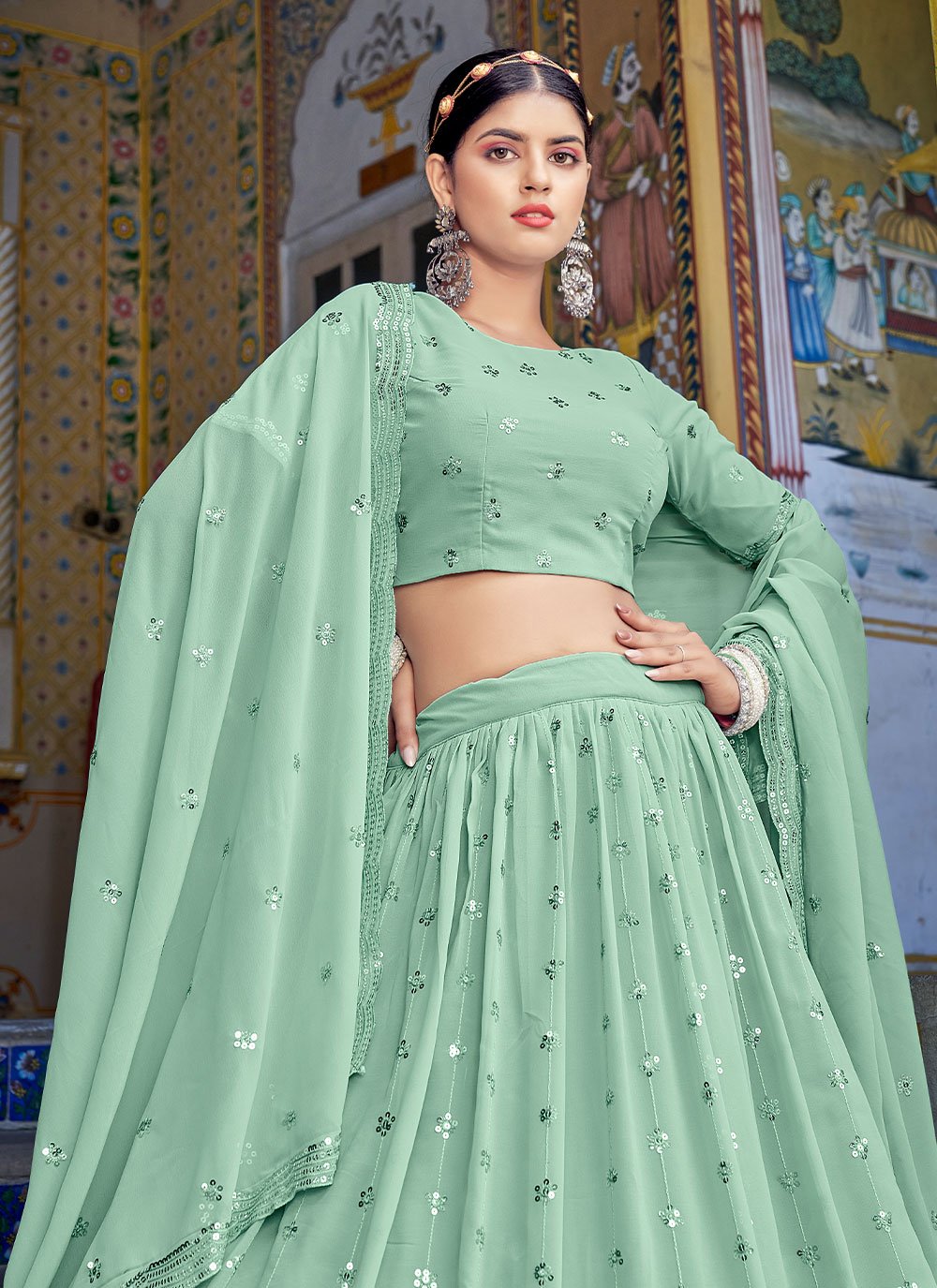 Lehenga Choli Georgette Sea Green Embroidered Lehenga Choli