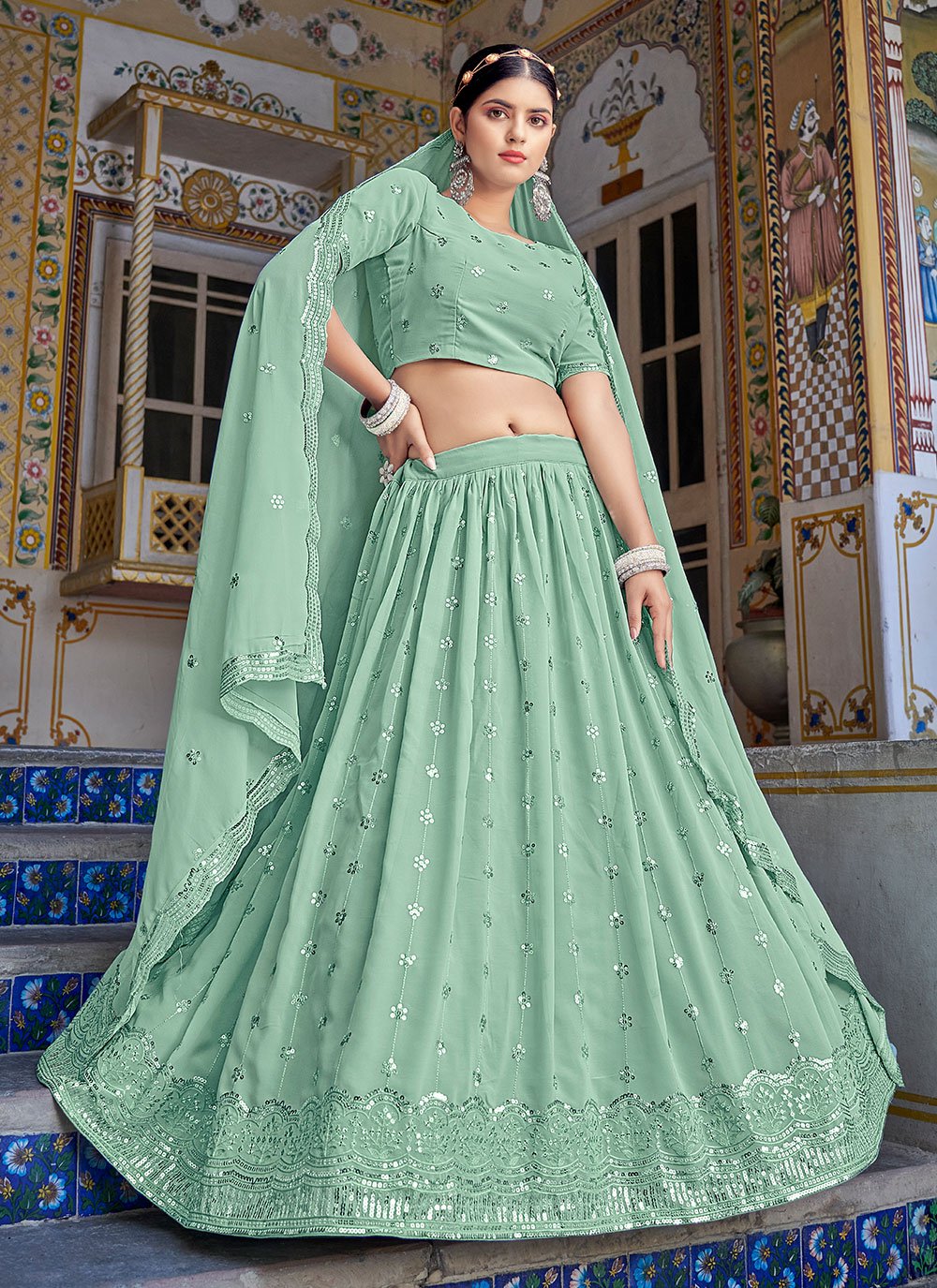 Lehenga Choli Georgette Sea Green Embroidered Lehenga Choli