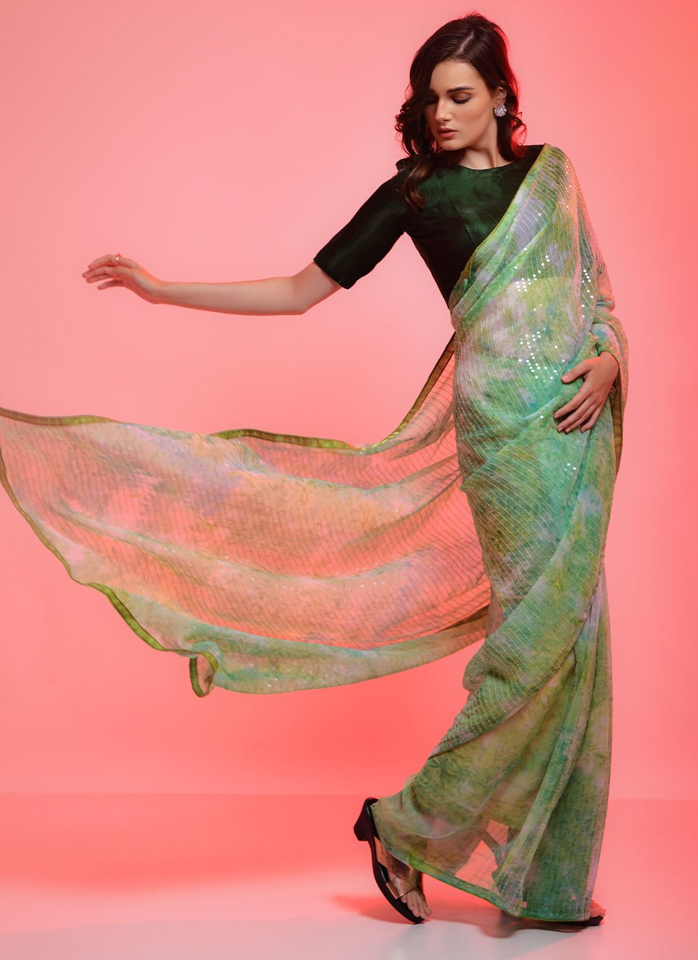 Designer Georgette Sea Green Sequins Saree