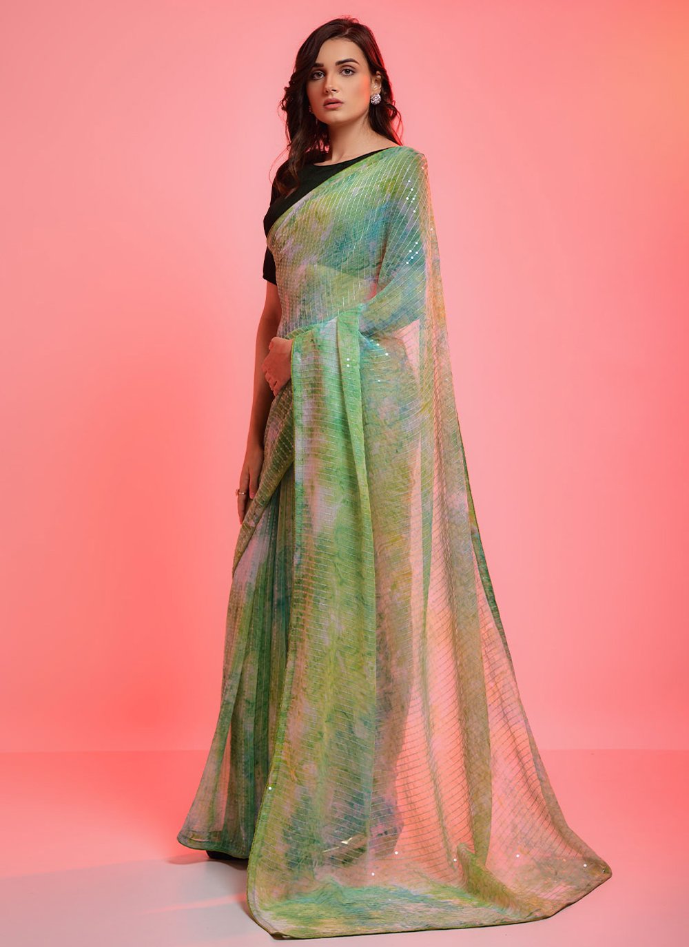 Designer Georgette Sea Green Sequins Saree