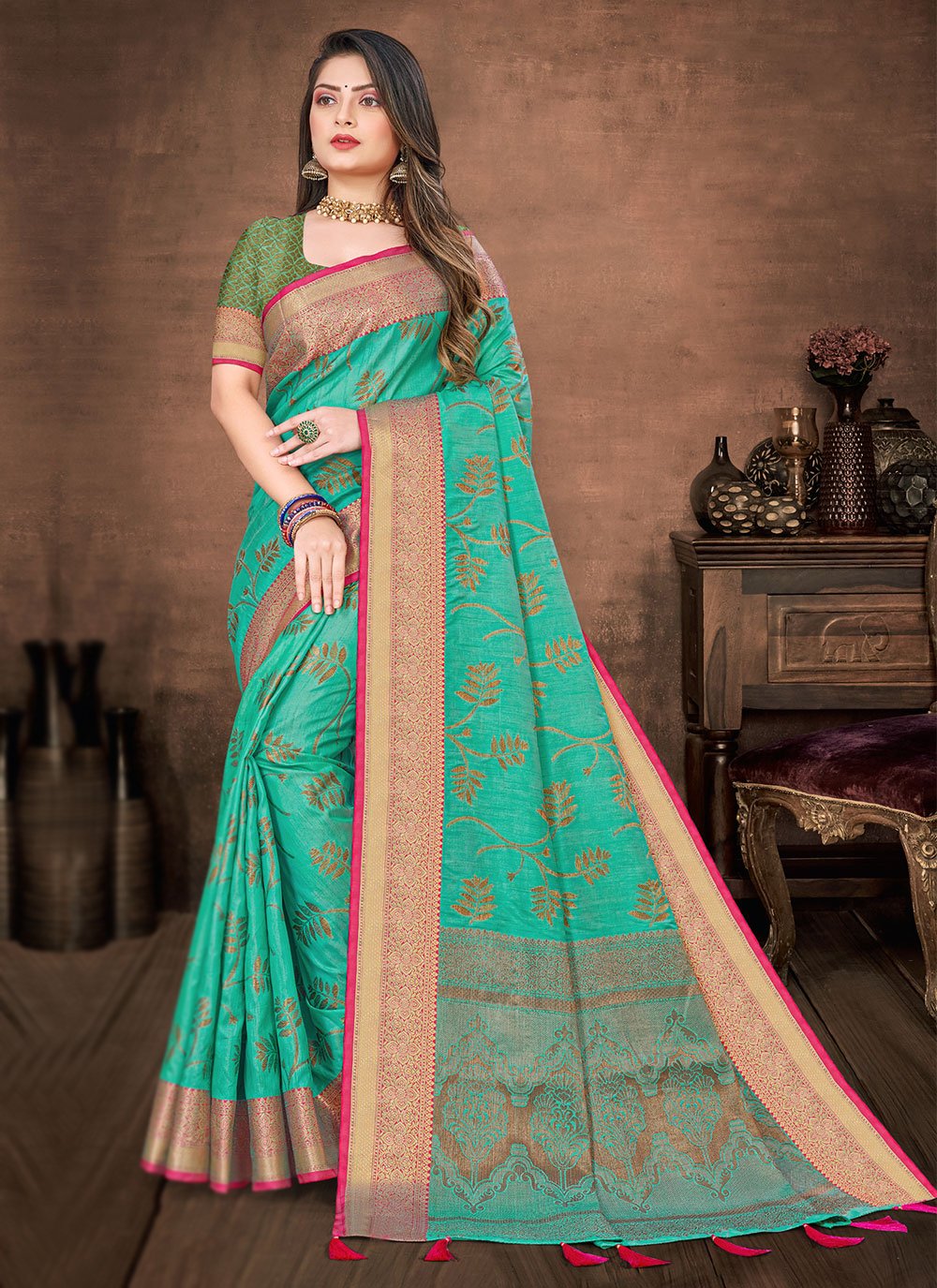 Contemporary Silk Sea Green Fancy Work Saree