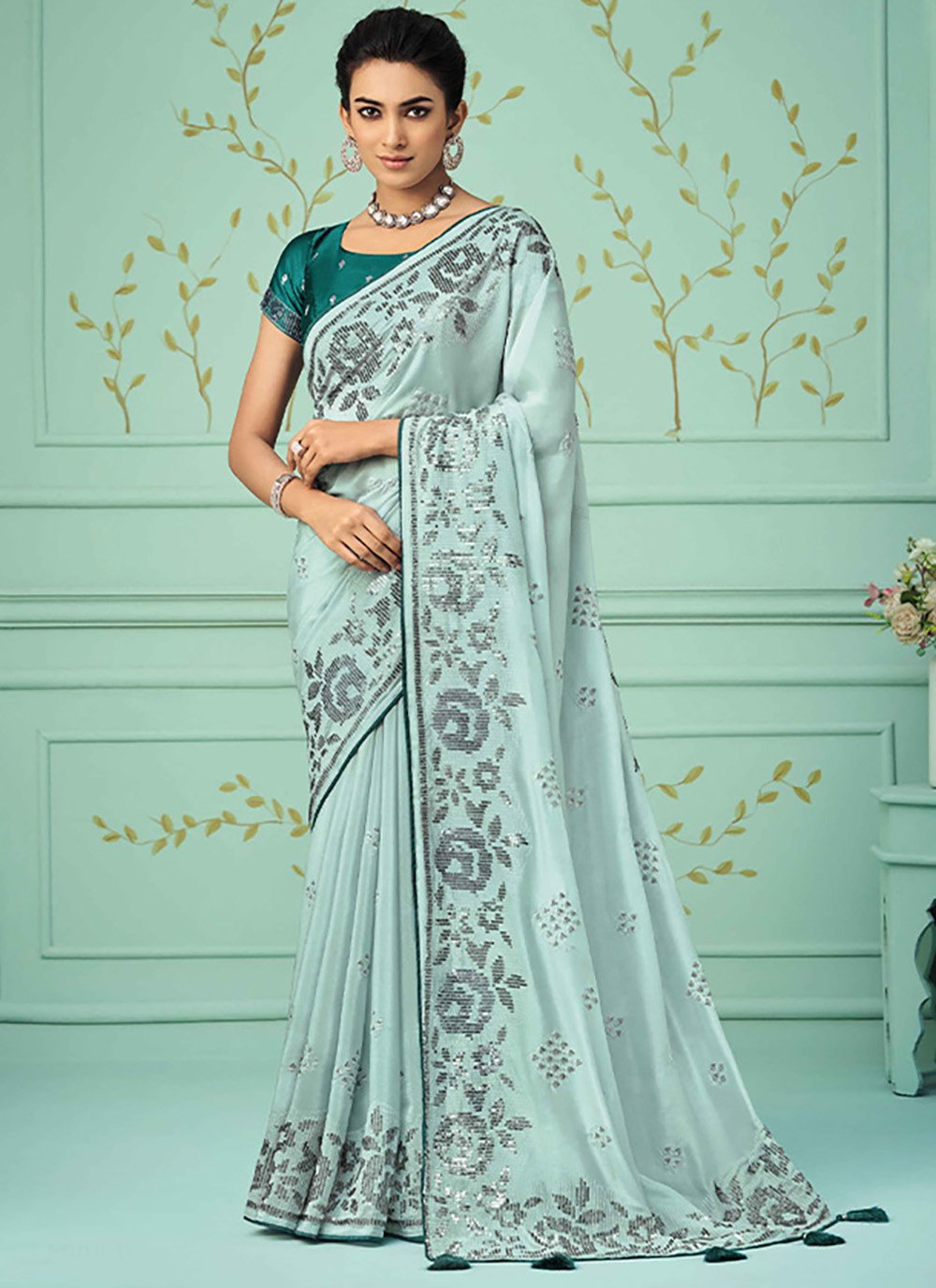 Classic Silk Sea Green Embroidered Saree