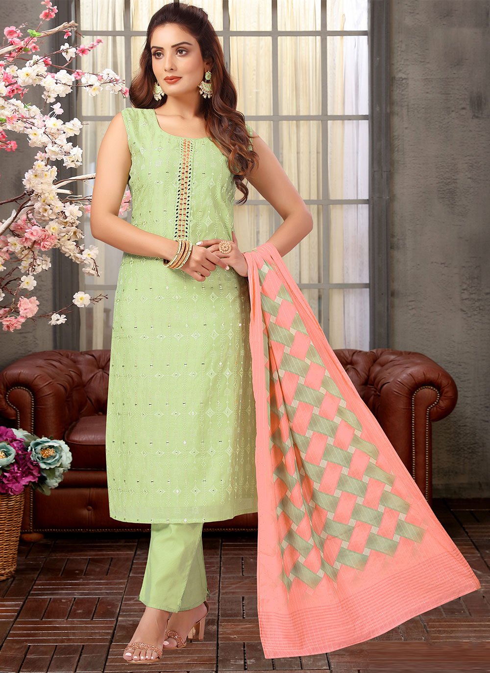 Straight Salwar Suit Silk Sea Green Embroidered Salwar Kameez