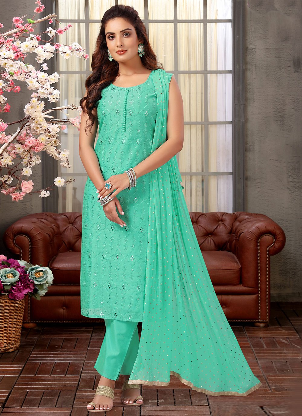 Trendy Suit Silk Sea Green Embroidered Salwar Kameez