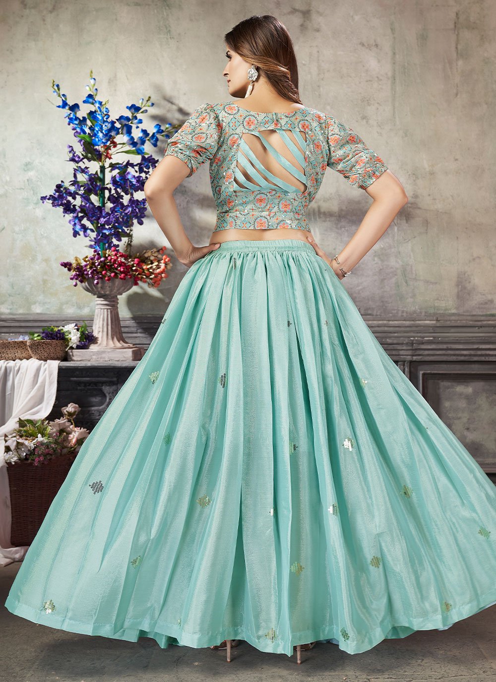 Lehenga Choli Art Silk Sea Green Embroidered Lehenga Choli