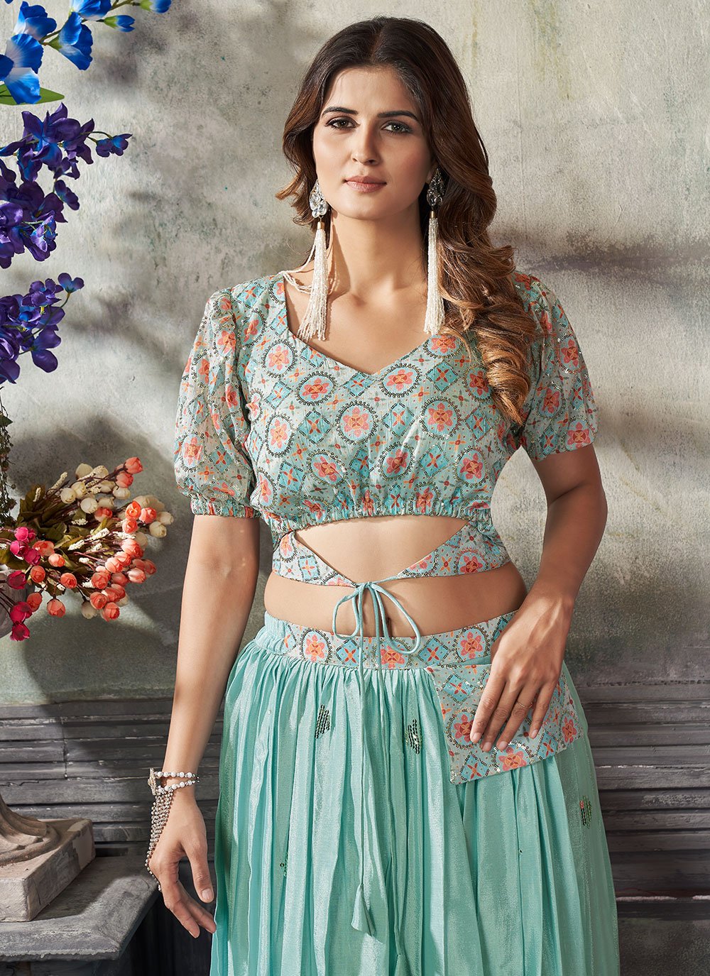 Lehenga Choli Art Silk Sea Green Embroidered Lehenga Choli