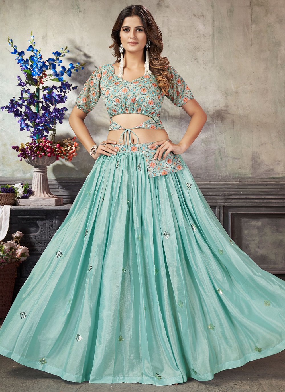 Lehenga Choli Art Silk Sea Green Embroidered Lehenga Choli