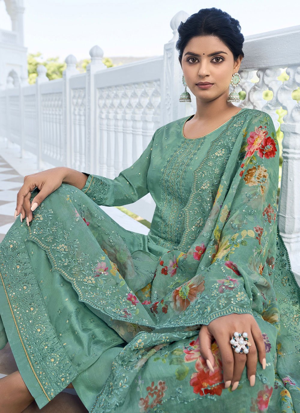 Pakistani Salwar Suit Georgette Sea Green Embroidered Salwar Kameez