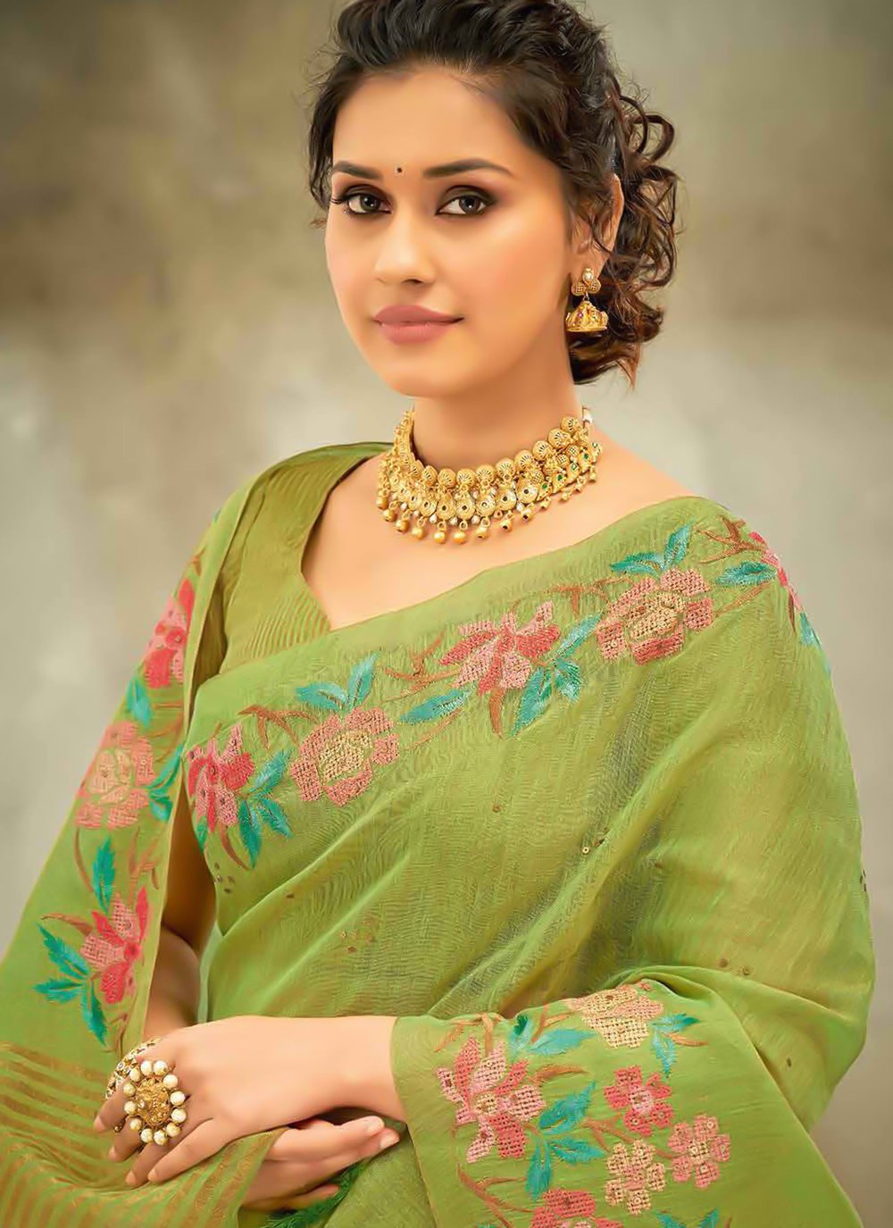 Classic Cotton Linen Sea Green Embroidered Saree