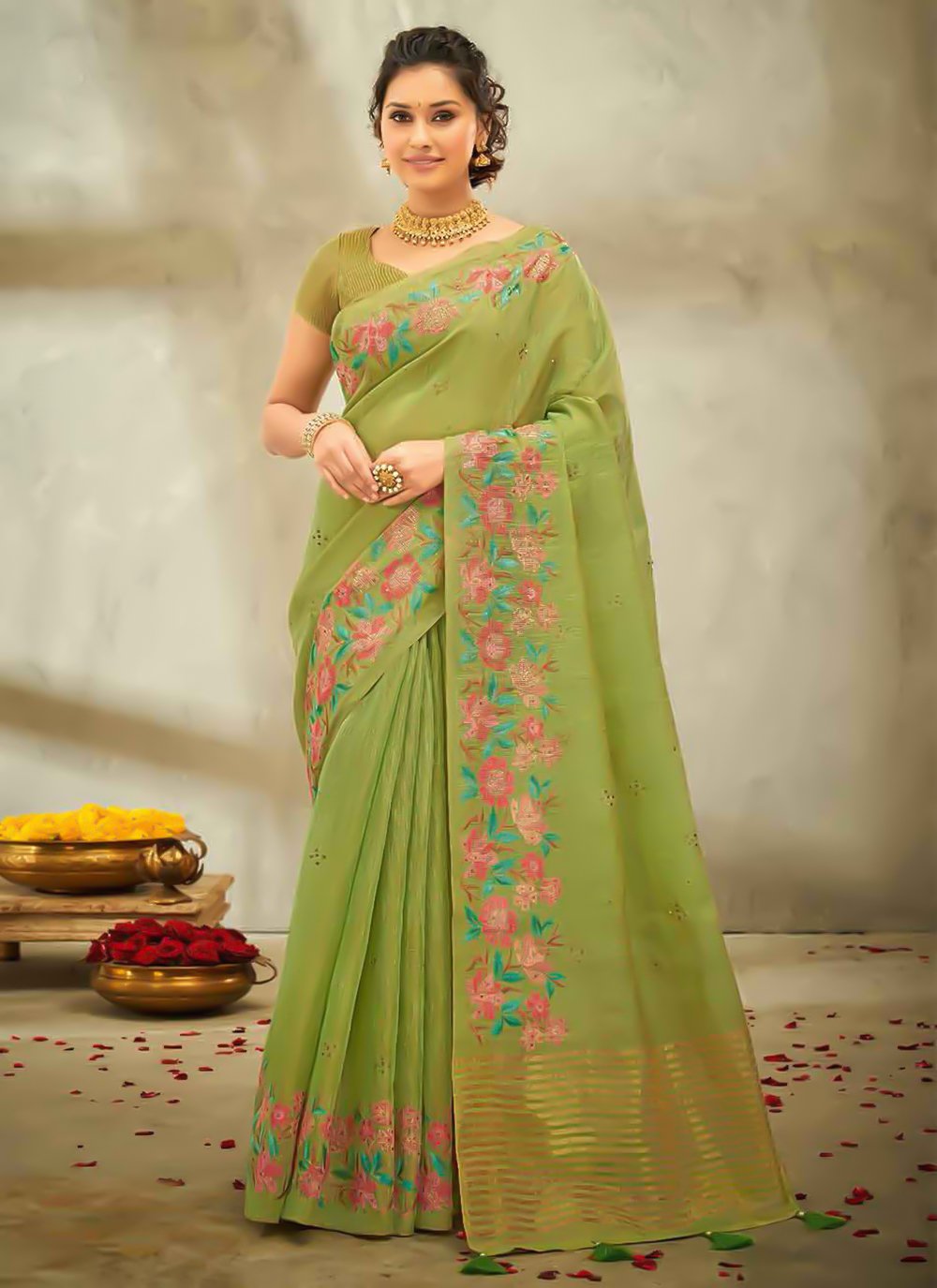 Classic Cotton Linen Sea Green Embroidered Saree