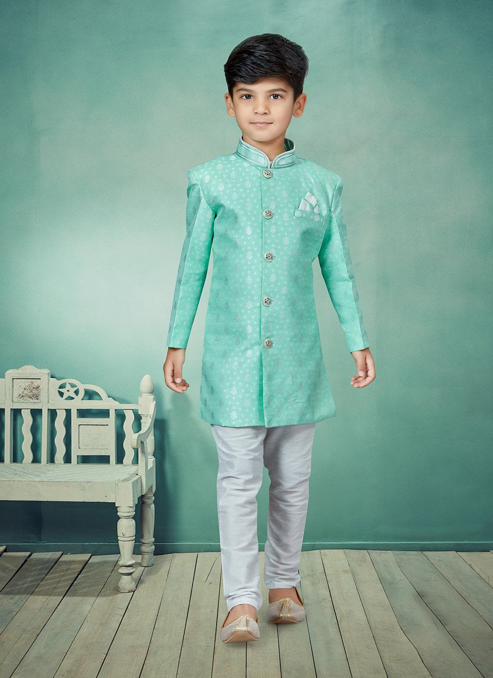 Indo Western Banarasi Jacquard Sea Green Lace Kids