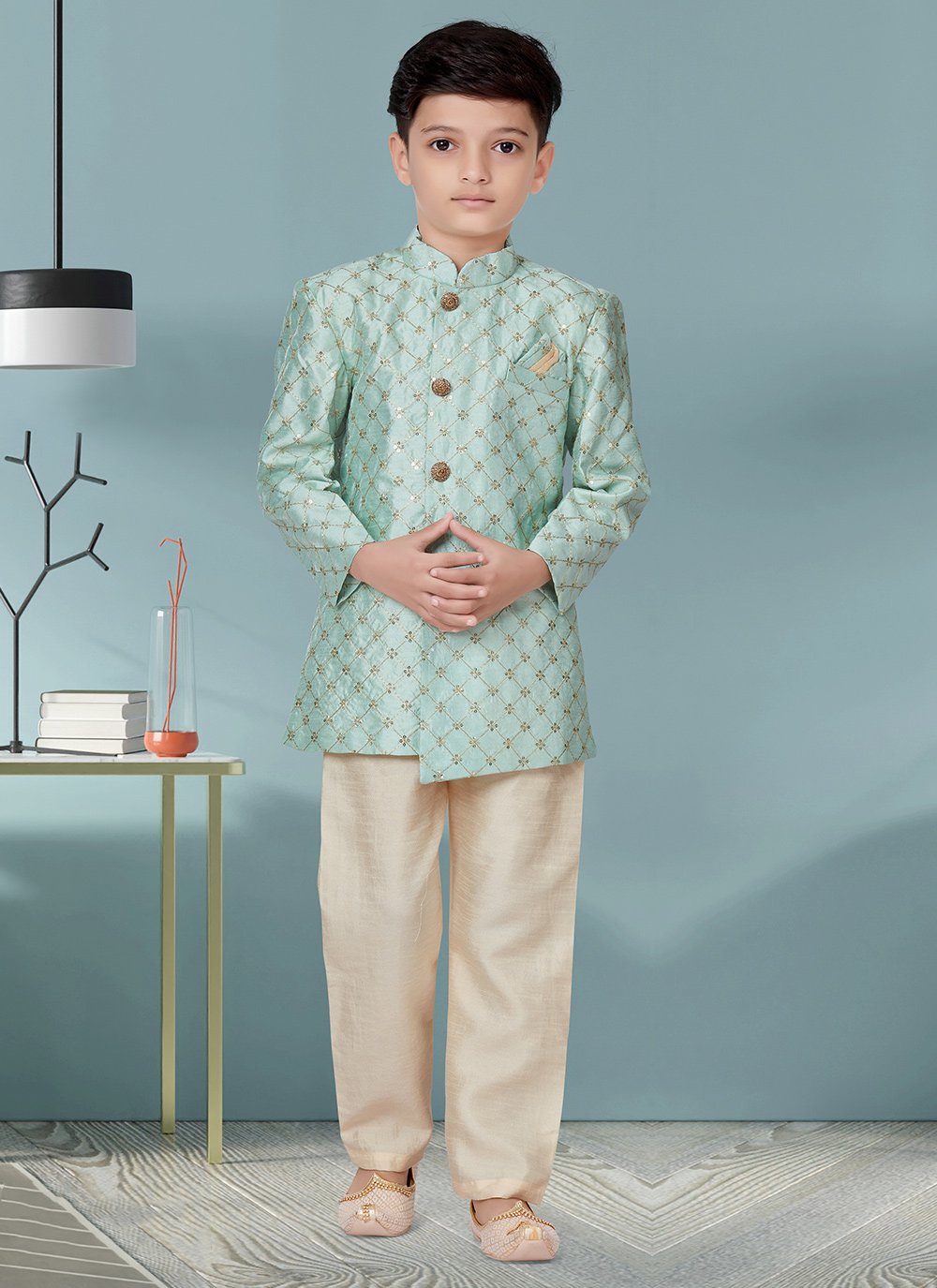 Indo Western Sherwani Banarasi Silk Sea Green Machine Embroidery Kids