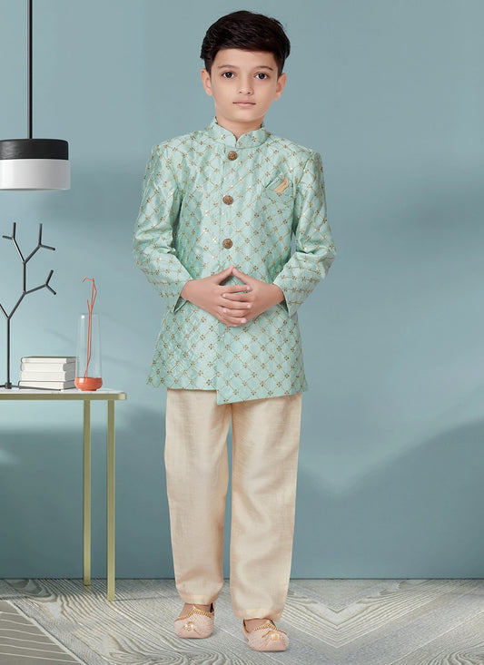 Indo Western Sherwani Banarasi Silk Sea Green Machine Embroidery Kids