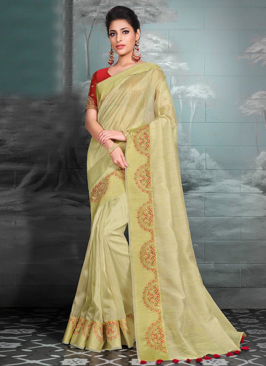 Contemporary Silk Tissue Sea Green Embroidered Saree