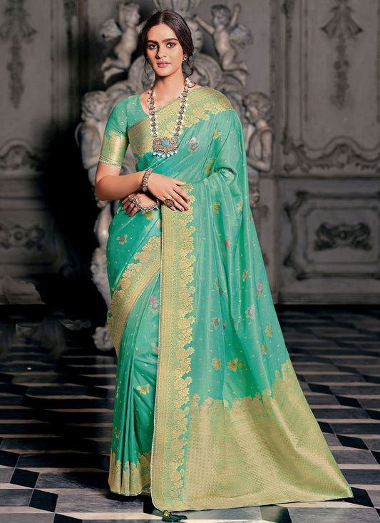 Classic Silk Tissue Sea Green Meenakari Saree