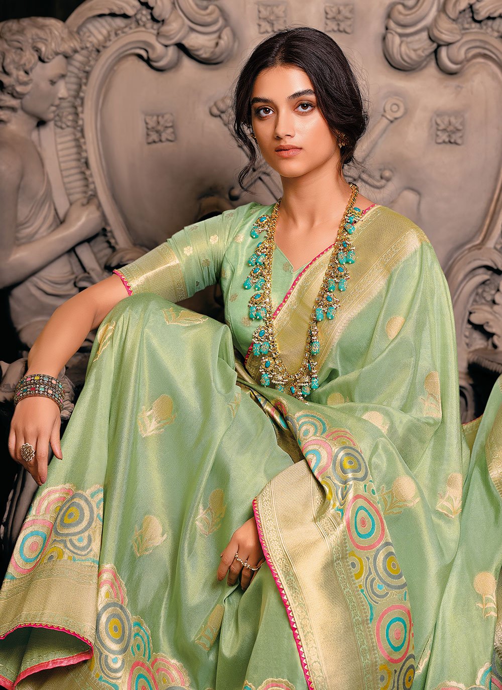 Trendy Saree Silk Tissue Sea Green Weaving Saree