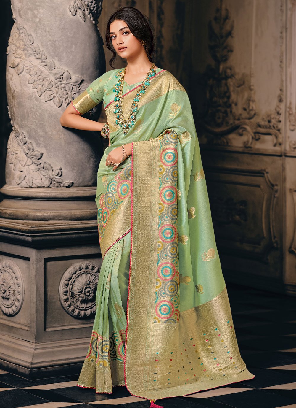 Trendy Saree Silk Tissue Sea Green Weaving Saree