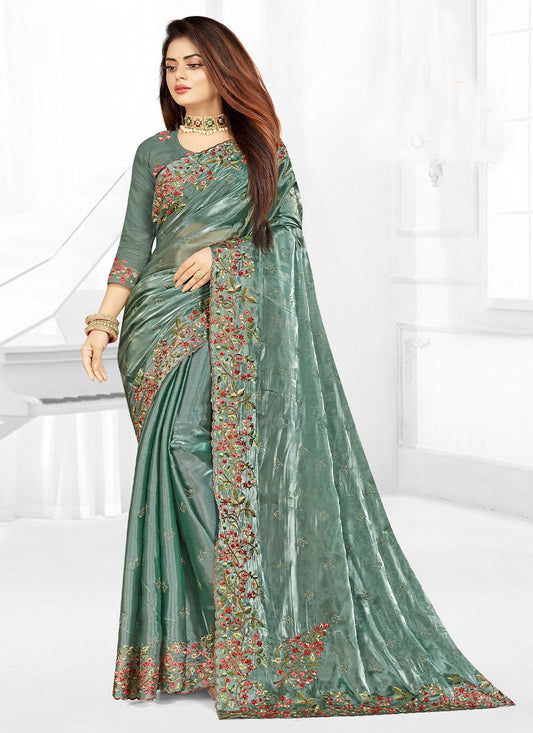 Traditional Saree Chiffon Sea Green Embroidered Saree