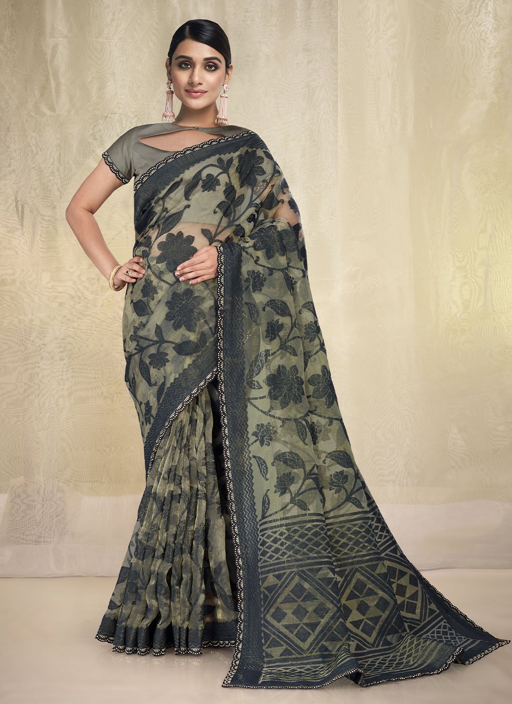 Contemporary Organza Sea Green Weaving Saree