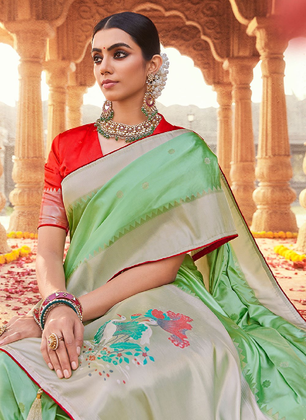 Classic Satin Silk Sea Green Weaving Saree