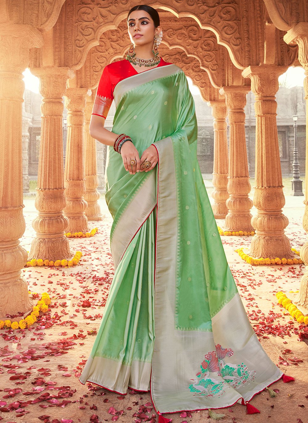 Classic Satin Silk Sea Green Weaving Saree