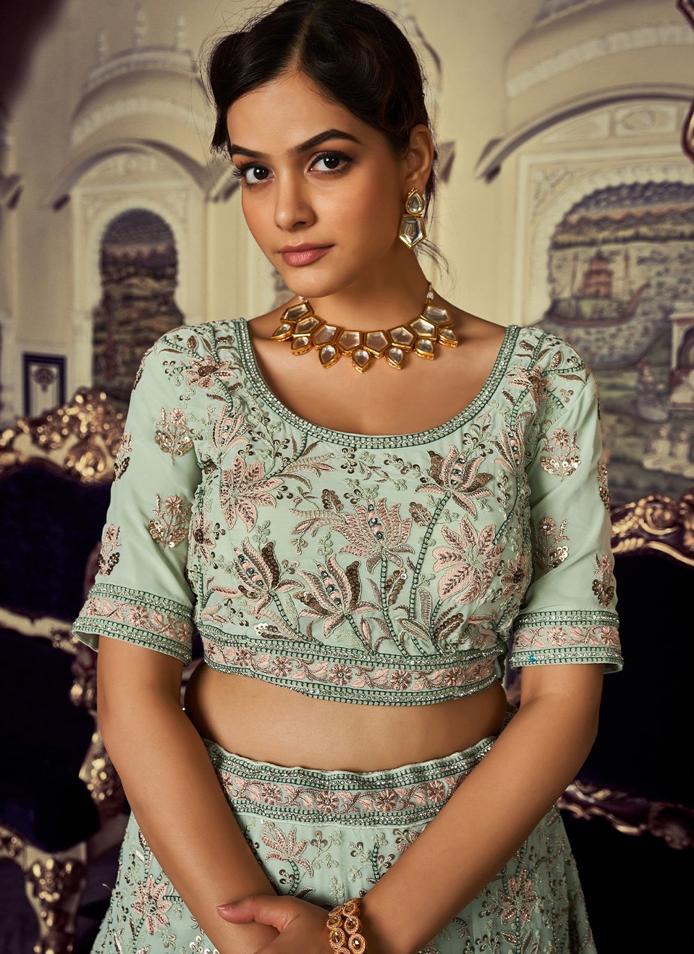 Lehenga Choli Net Sea Green Dori Work Lehenga Choli