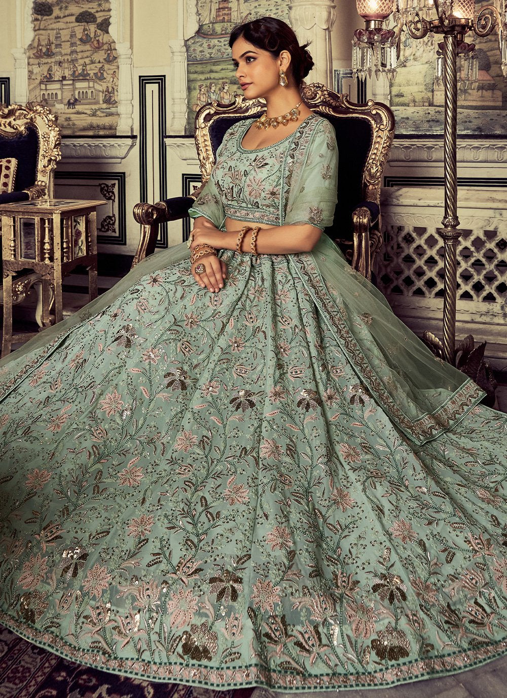 Lehenga Choli Net Sea Green Dori Work Lehenga Choli