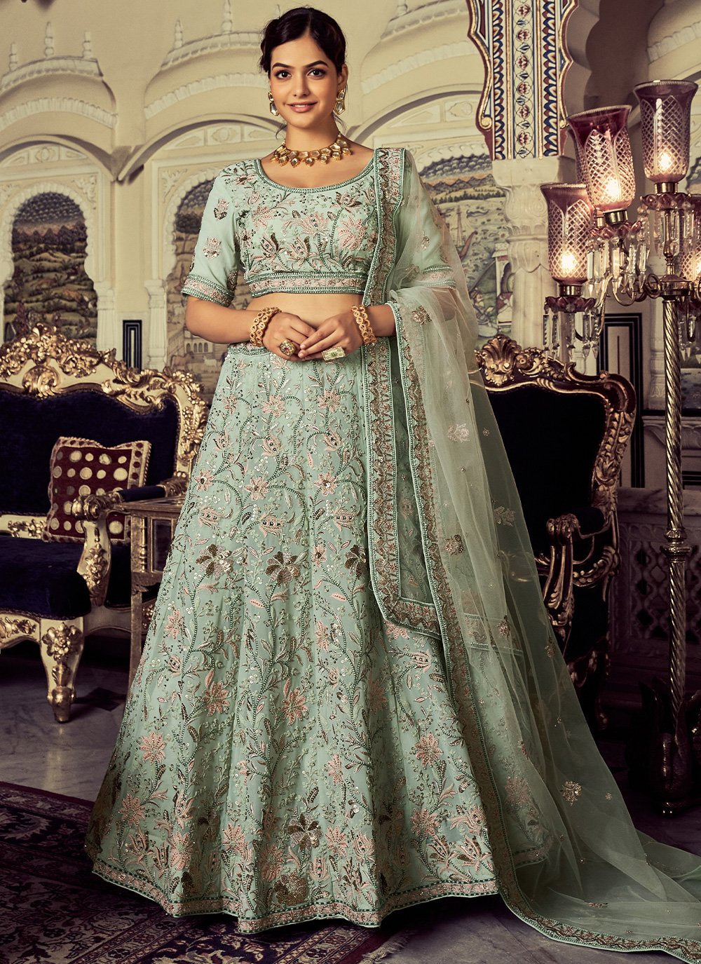 Lehenga Choli Net Sea Green Dori Work Lehenga Choli