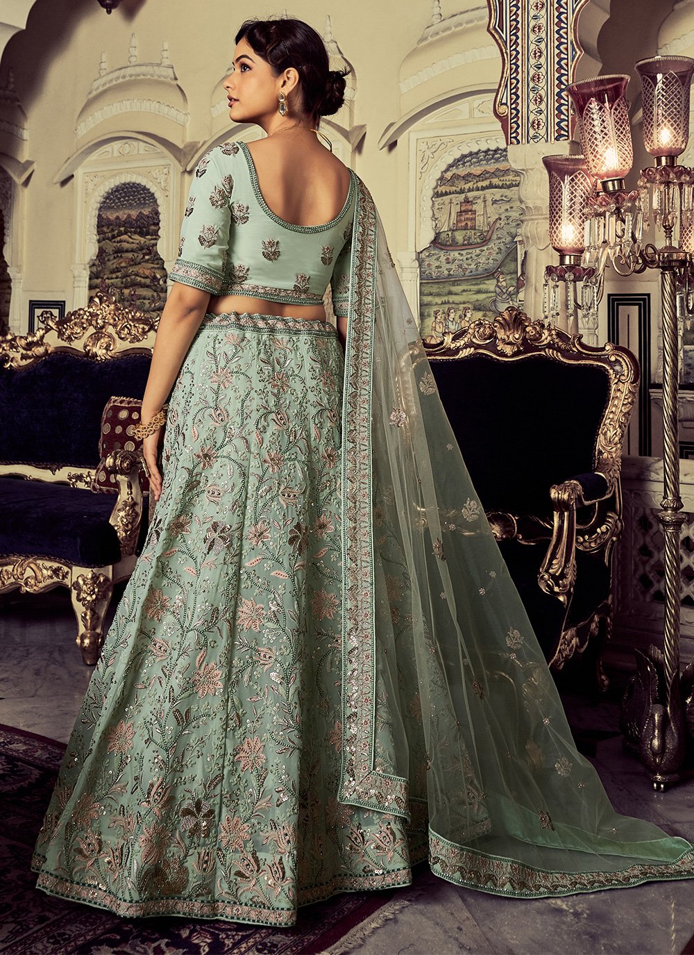 Lehenga Choli Net Sea Green Dori Work Lehenga Choli