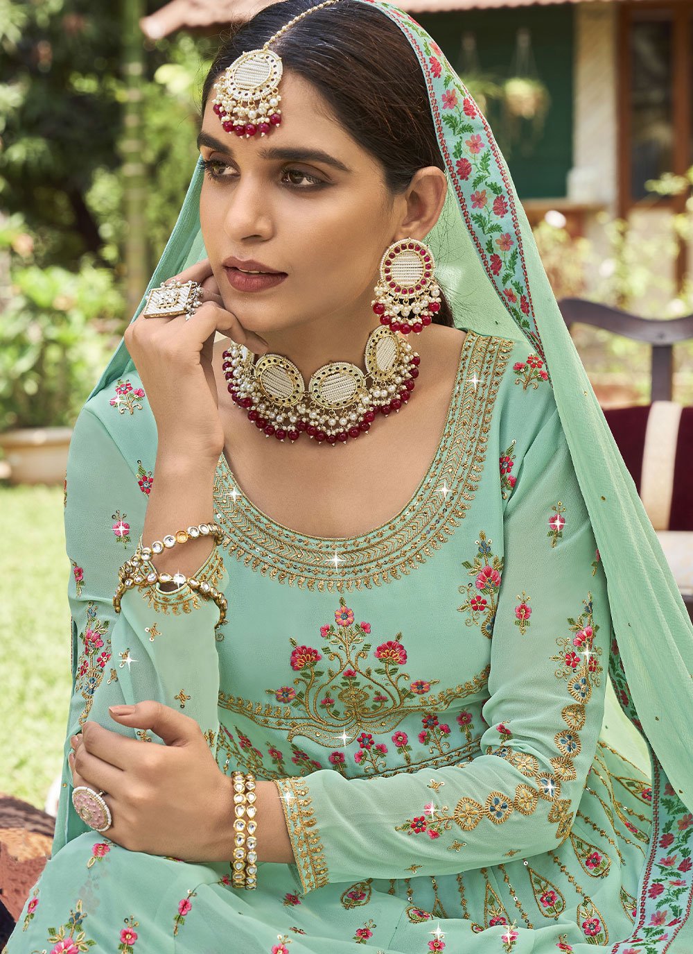 Lehenga Choli Georgette Sea Green Digital Print Lehenga Choli