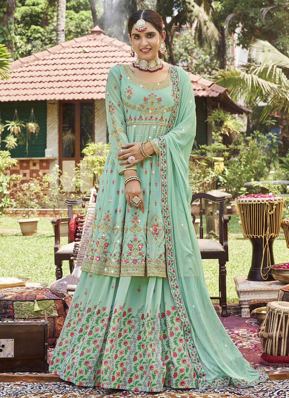 Lehenga Choli Georgette Sea Green Digital Print Lehenga Choli