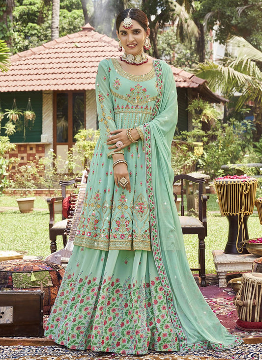 Lehenga Choli Georgette Sea Green Digital Print Lehenga Choli