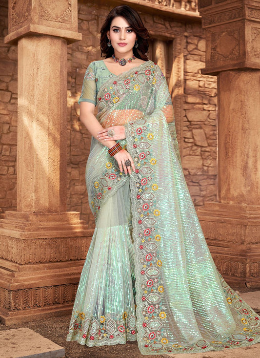 Contemporary Net Sea Green Embroidered Saree