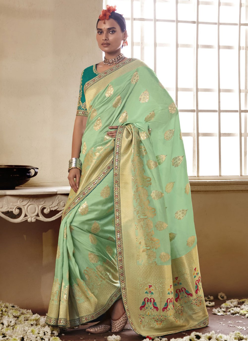 Trendy Saree Silk Sea Green Embroidered Saree